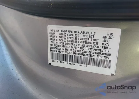 2006 Honda Odyssey Ex-L from USA, damaged, VIN 5FNRL38796B022025